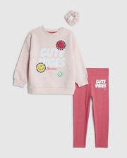 River Island Mini Girls Sweatshirt & Leggings Set Pink Cute Vibes 3 Piece
