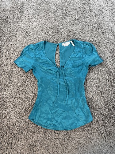 Vtg Guess Shirt Womens XS BabyDoll Silk Aquamarine Blue 90s