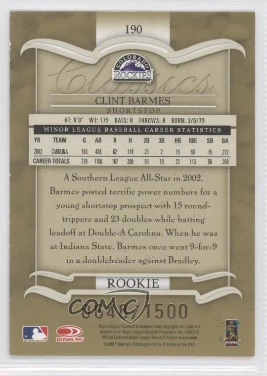 2003 Donruss Classics Rookie /1500 Clint Barmes #190 Rookie RC - Image 2 of 2