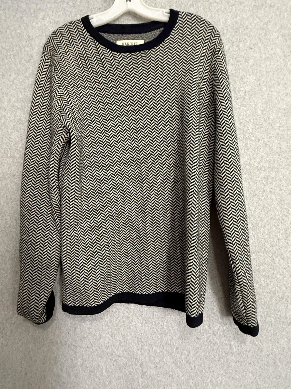 Barque Sweater Mens Medium Blue 100% Merino Wool Herringbone Crewneck Pullover