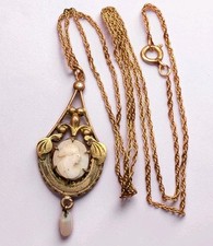 Antique Lavaliere Carved Shell Cameo Pendant on Vintage GF Chain Necklace Chip