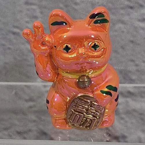Maneki Neko Lucky Cat Orange Opalescence Beckoning Cat With Bell Japanese Charm