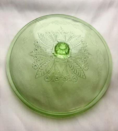 Green Uranium Depressionn Glass Adam Veg’t  Lid 7 1/2” GLOWS