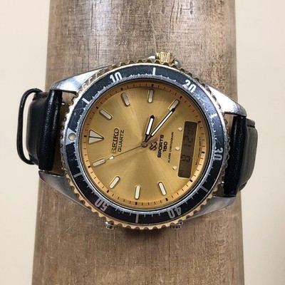 Vtg Seiko SQ Men H601-8089 Alarm Leather Quartz Analog Digital