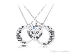 2 PC MOTHER DAUGHTER I LOVE YOU TO THE MOON AND BACK CRYSTAL NECKLACE SET #KC91