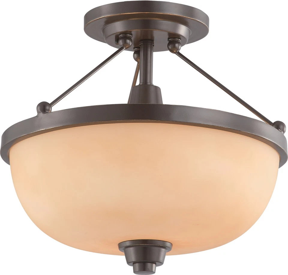 NUVO LIGHTING Vintage Bronze And Cream Beige Glass 2 Light Semi Flush Ceiling Light $174