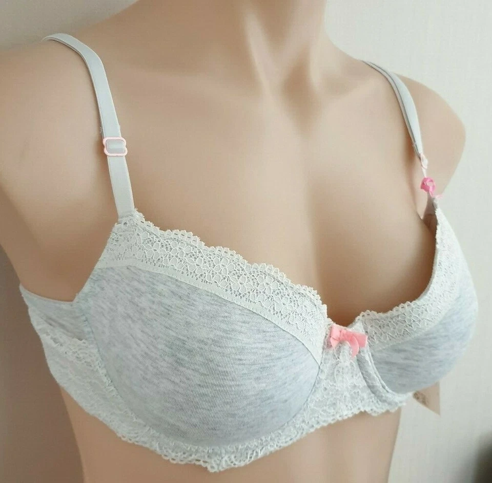 BNWT Ladies Sz 32A JT One Brand Grey Cotton Lace Padded Underwire Bra RRP $29.95 - Image 2 of 3