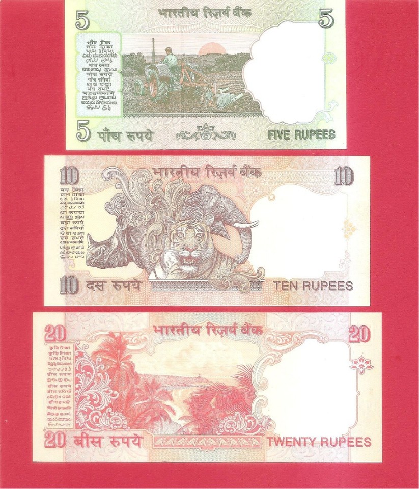 India Gandhi SERIES no date issue 5 10 20 rupee Reddy set of 3 ...