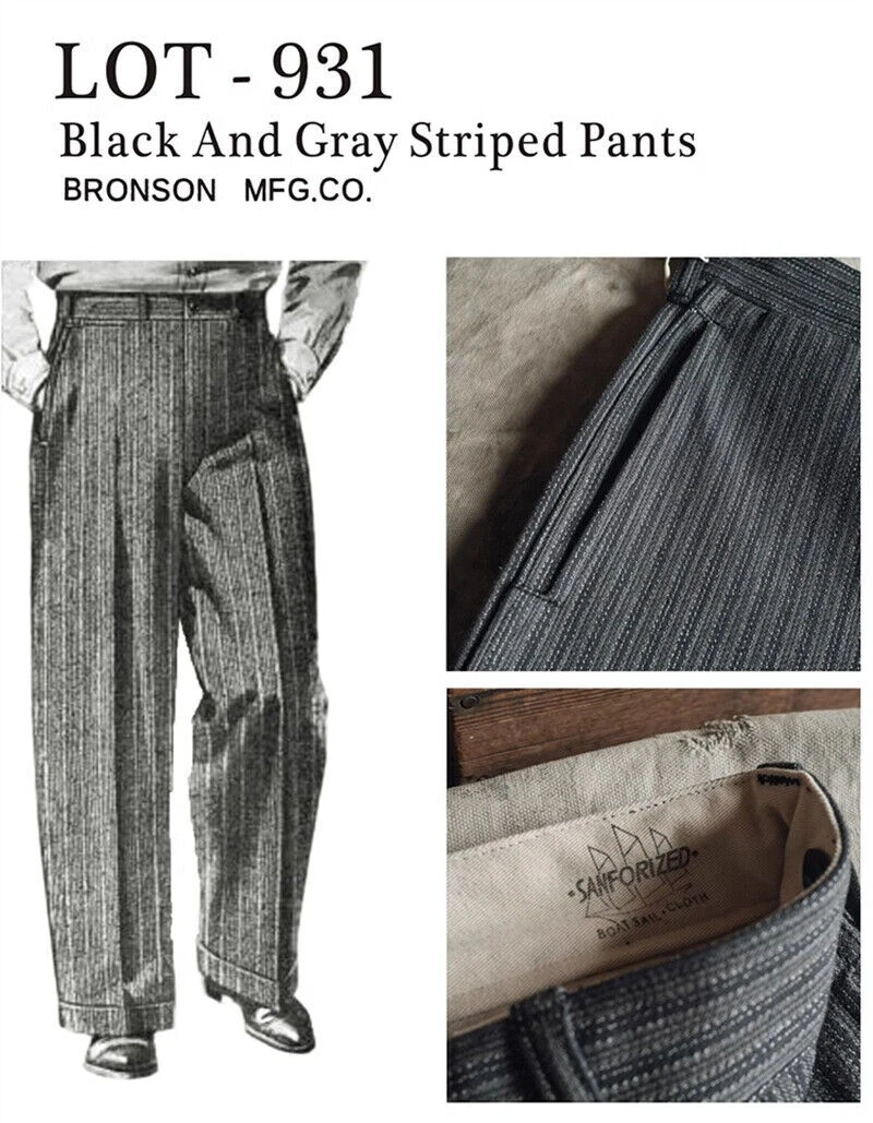 Bronson Vintage Black & Grey Striped Pants Men Suit Trousers Cotton Casual Pants - Picture 15 of 23