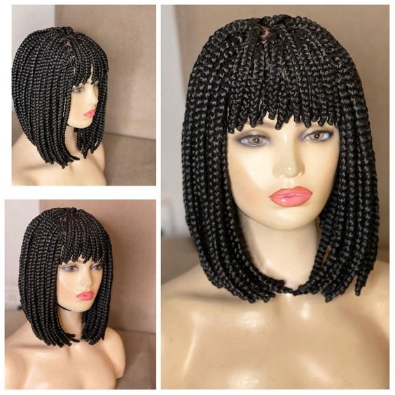 Short Braided Wigs with Bangs Natural Black Micro Braiding Fiber