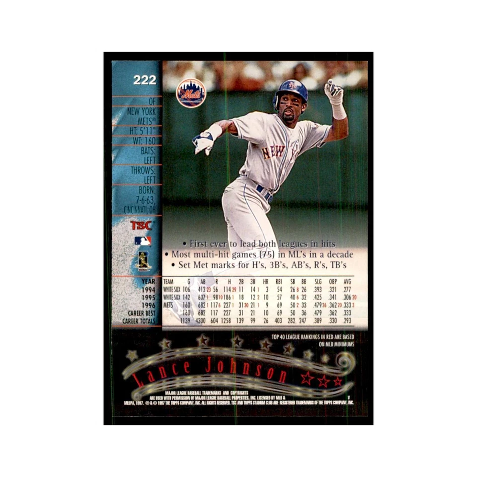 1997 Stadium Club Lance Johnson Baseball Cards #222 - Image 2 of 3