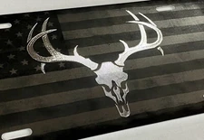 Laser US Flag & Diamond Etched Deer Skull Car Tag Vanity Front License Plate