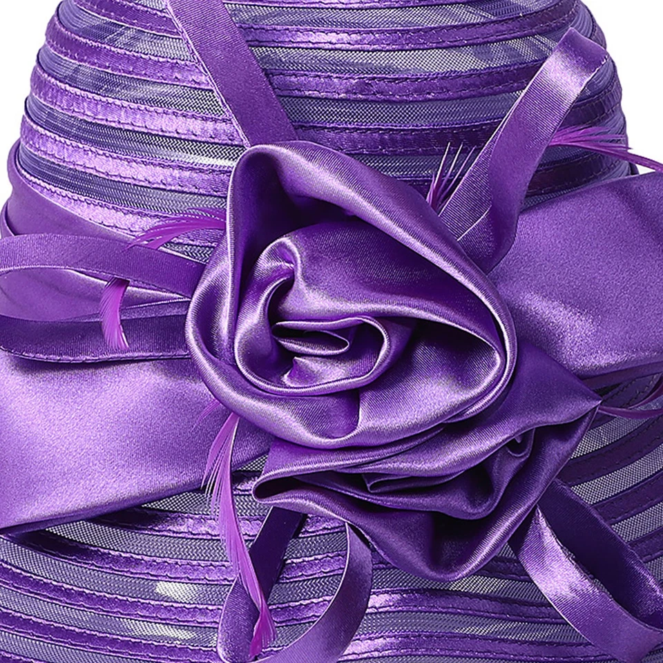 Sombreros para el sol de ala ancha púrpura para mujer gorra floja elegante flor iglesia fedoras Foto 3 de 4