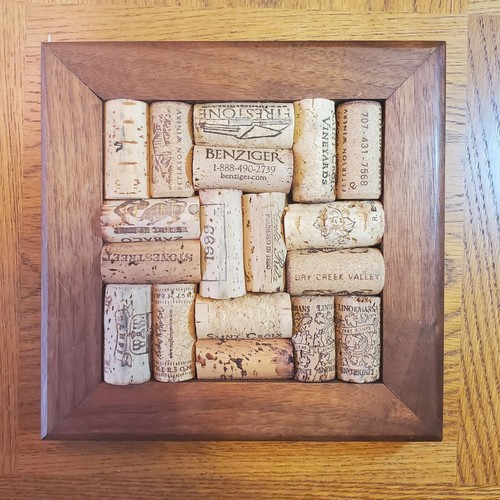 Wine Cork Trivet Potholder / Wall Art - Solid Wood Frame 7 1/2" x 7 1/2" - Picture 2 of 4
