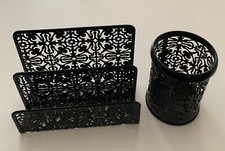 Desk Organizer Set of 2 - Letter Sorter and Pencil Cup - Black Metal Floral