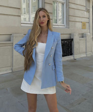 NWT ZARA PASTEL BLUE TWEED TEXTURED LONG FITTED BLOGGERS BLAZER/JACKET 2410/649