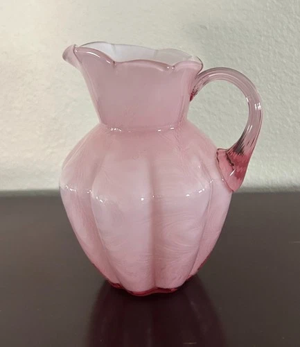 FENTON PINK WHITE CASE GLSASS 6" PITCHER VASE ~ APPLIED HANDLE SIGNED