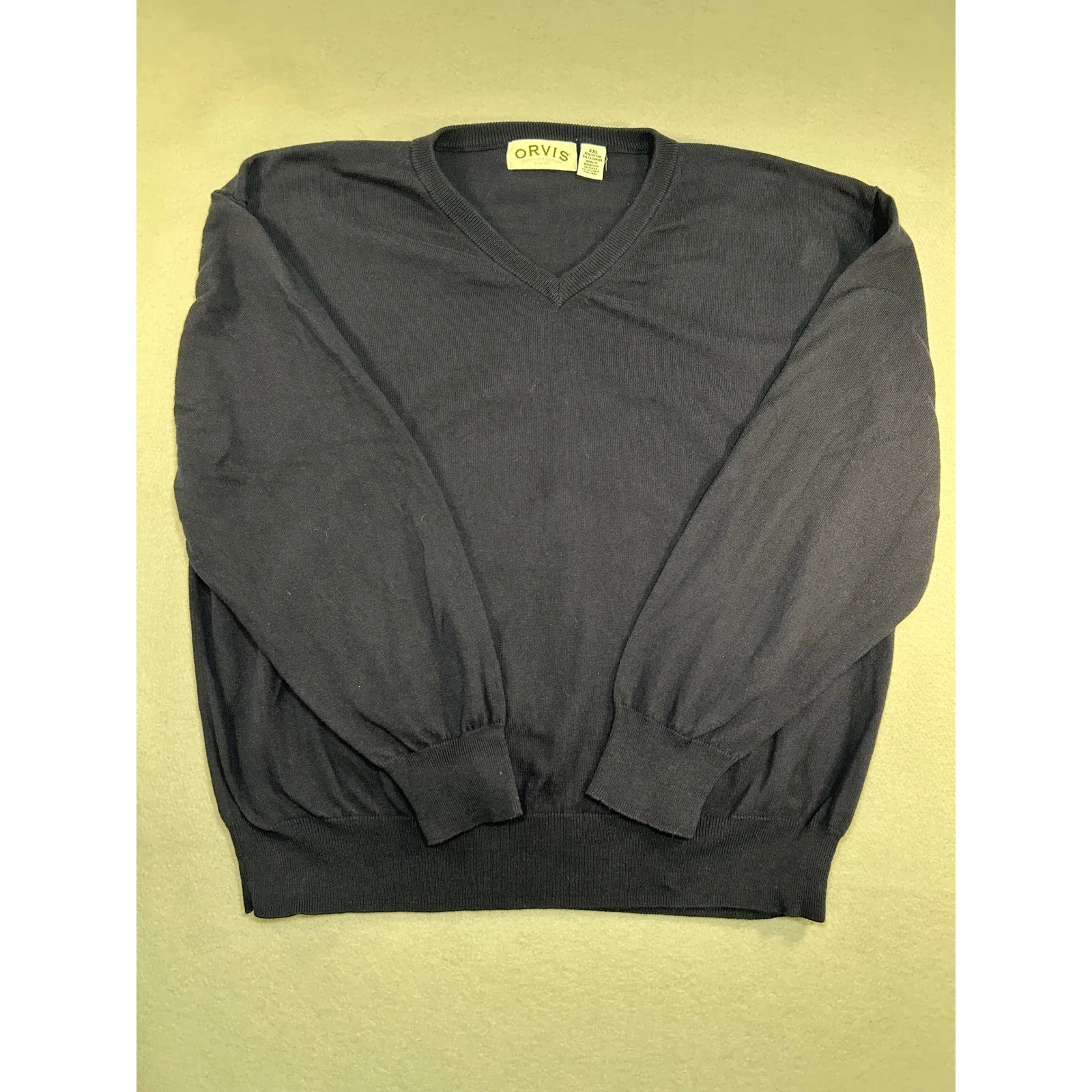 Orvis V-Neck Sweater Mens XXL Navy Blue Cotton Cashmere Blend Knit Layering