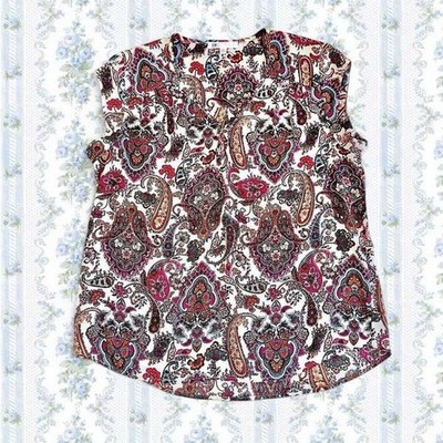 DR2 Women's Petite Medium White and multi-coloured paisley blouse