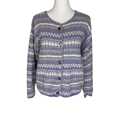 Alps Vintage Womens Fair Isle Cardigan Sweater Purple Green Size L Made in USA