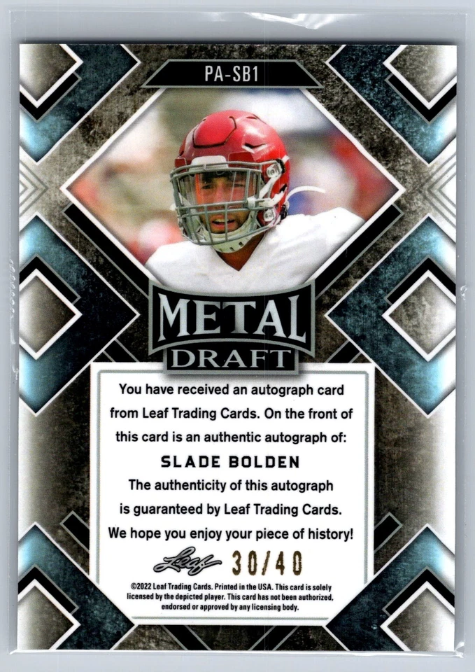 2022  Leaf Metal Draft #PA-SB1 Slade Bolden Rookie Auto SP/40 Prismatic Silver - Image 2 of 2
