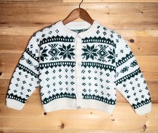 Handmade Fair Isle Cardigan Sweater Kids 10 Snowflake Ivory Green Button Up Top