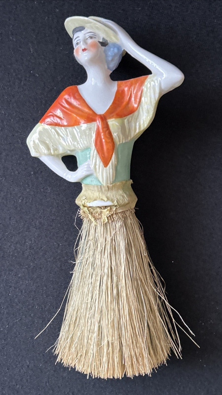 Antique Art Deco Porcelain Half Doll Whisk Broom Vanity Brush German 1920's 7.5"