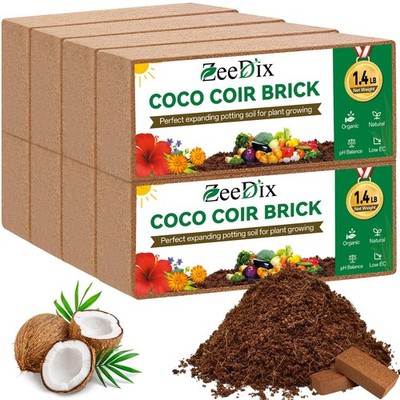 ZeeDix 8 Pack Coco Coir Brick (11.2lbs), 100% Organic 8pcs, organic brown 