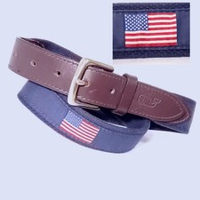 VINEYARD VINES CANVAS BELT BLUE AMEICAN FLAG 30"WHALE BROWN LEATHER BRASS BUCKLE