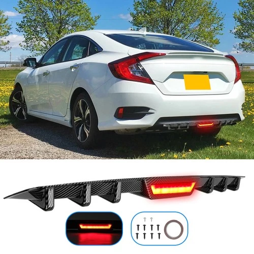 For Honda Civic Carbon Look Rear Bumper Diffuser Canard w/ LED Brake Tail Light