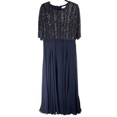 Mac Duggal 9180 Midnight Blue Beaded Sequin Chiffon Gown Dress Womens 12  NWT
