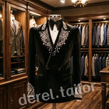 Men Suit Rhinestone Lapel Wedding Formal Blazer Pants Outfit Black Velvet Jacket