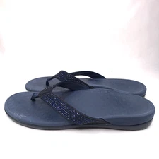 Vionic Size 10 Tide Navy Blue Rhinestone Orthotic Post Toe Flip Flops Sandals