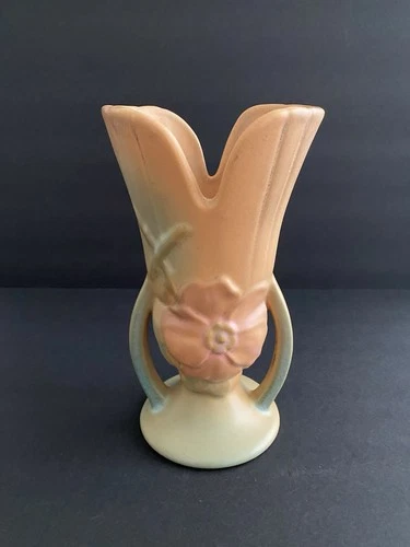 Weller Pottery Wild Rose 2 Handled Vase in Peach with Pink and Green Floral 8.5T