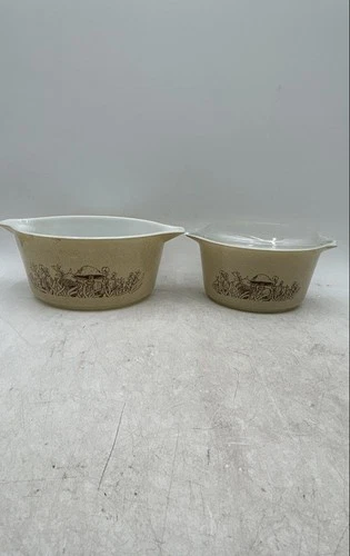 Pyrex Brown Mushroom Casserole Dish And Bowl With One Lid Lot Of 2