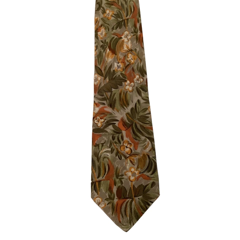 Corbata corta UNGARO para hombre 100 % seda diseñador ITALIA FLORAL tostado/verde/naranja nueva con etiquetas Foto 2 de 3