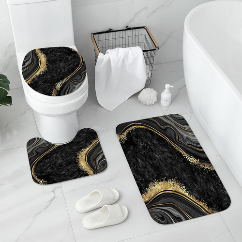 4 Pcs Luxury Marble Shower Curtain Set with Non-Slip Rugs, Toilet Lid Cover and - Picture 3 of 6