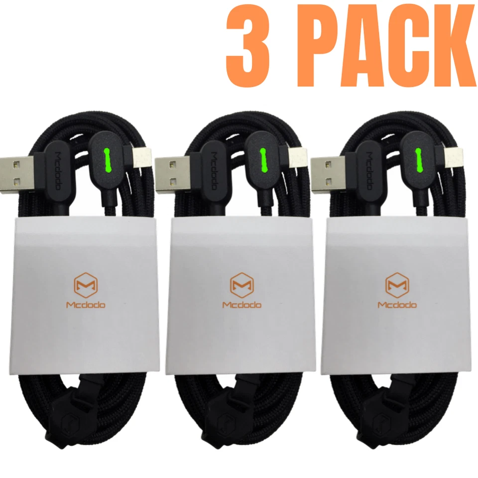 Paquete de 3 cables de carga rápida USB Mcdodo 90 grados LED para iPhone 11 8 7 cable de carga Foto 3 de 4