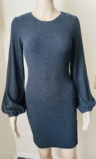 ENZA COSTA Womens RIBBED SHEATH BODYCON Mini Dress Long Puff Sleeve Stretch sz M