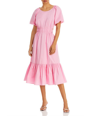 Aqua Women's Tiered Poplin Midi Dress Flared Fit, Rose Cotton Empire Waist, S
