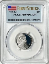 2023 S Proof Jefferson Nickel PCGS PR 69 DCAM First Strike Label In Hand