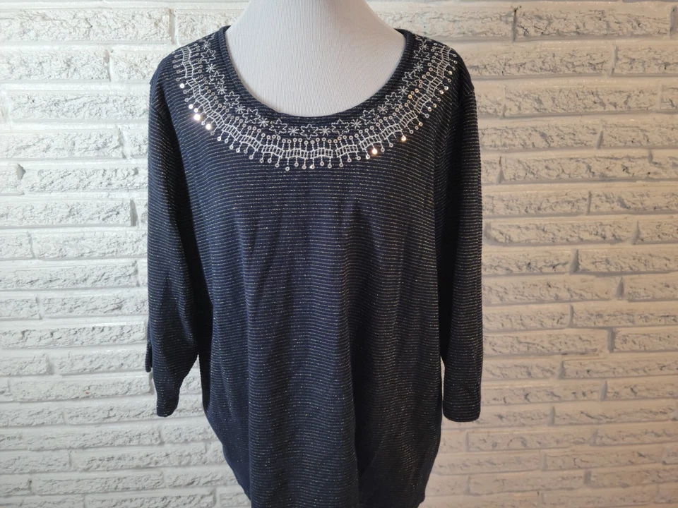 Basic Editions Womens Top 2X Plus Knit Blue Stripe Sequins Embroider Metallic - Image 3 of 4