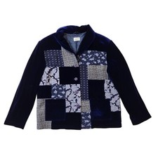 Together 90s Vintage Blue Patch Work Button Up Velvet Women's Jacket Size 16