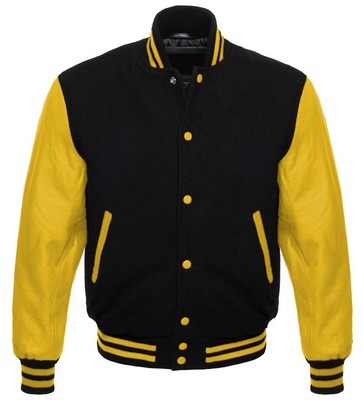 Men's Varsity Letterman Basketball Black wool Gold real leather sleeves jackets