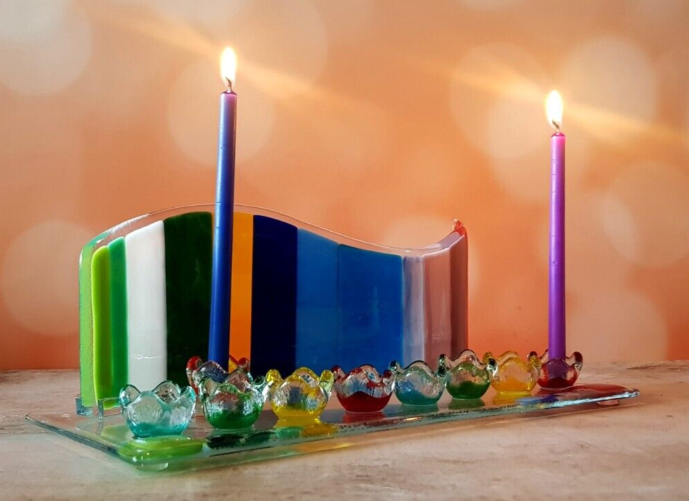 Colorful Spiral Hanukkah Menorah With Blessings, Handmade Jewish