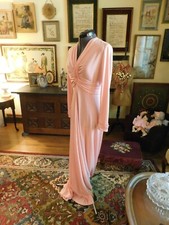 VINTAGE BRIGHT PINK RUCHED VINTAGE JERSEY FORMAL GOWN A-LINE LONG SLEEVE S 10