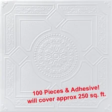 Ceiling Tiles, Glue Up Foam 20" x 20", LIMA White, 100 pcs & Adhesive (8 Tubes)