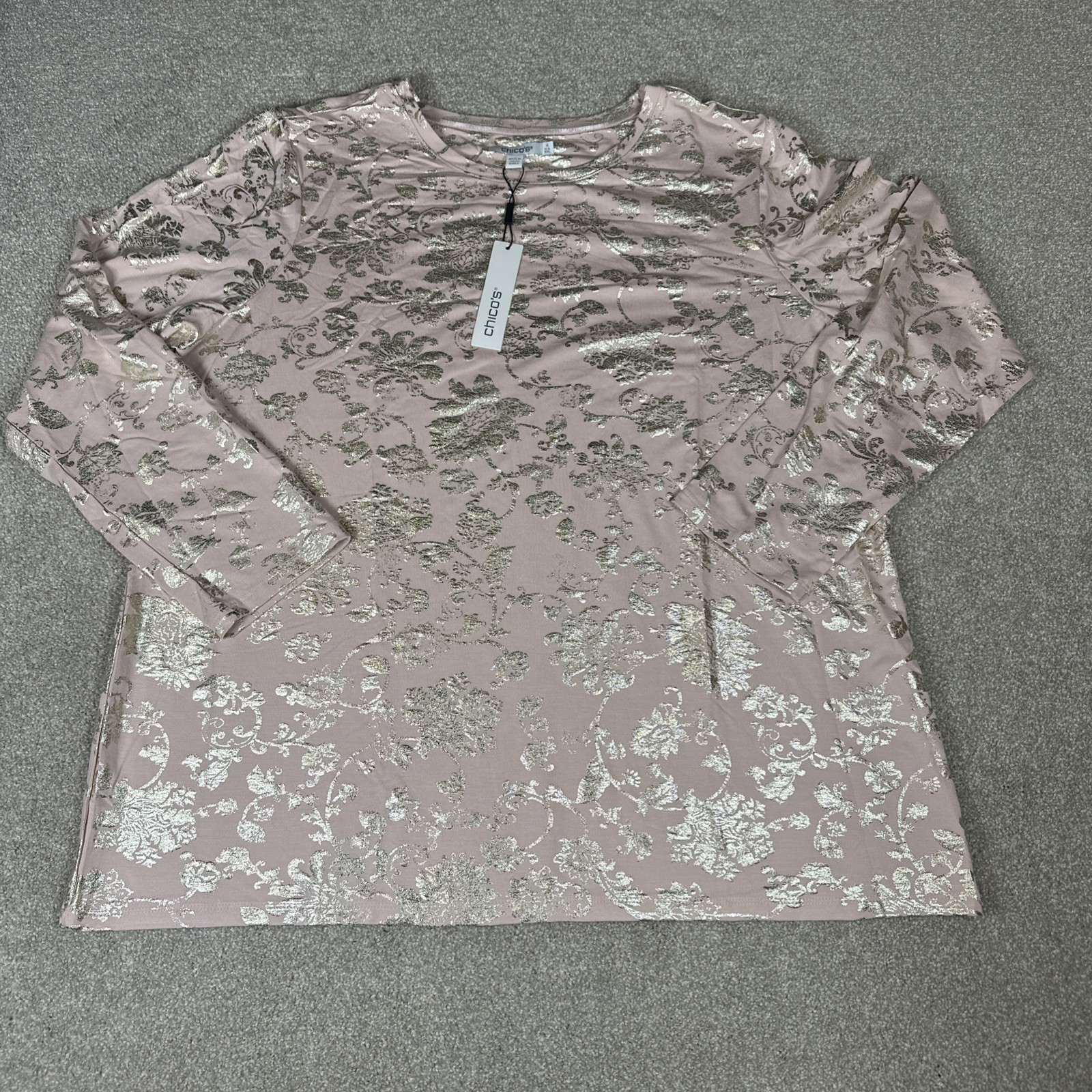 Women’s Chico’s Touch of Cool Foiled Floral Tee Rose Knit Long sleeve Shirt XXL