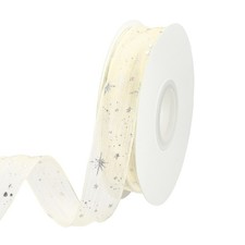 Star Ribbon Silver Stars Print Trim Sheer Ribbon 1" x 10Yards Beige White