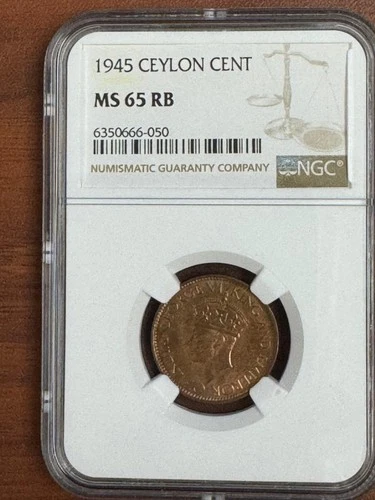 1945 Ceylon 1 Cent NGC MS65 RB Gem Uncirculated WWII King George VI British Colo
